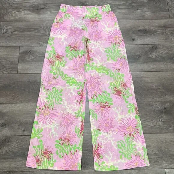 Lilly Pulitzer Mid Rise Wide Leg Pants Pink Green Size Small - Picture 5 of 13